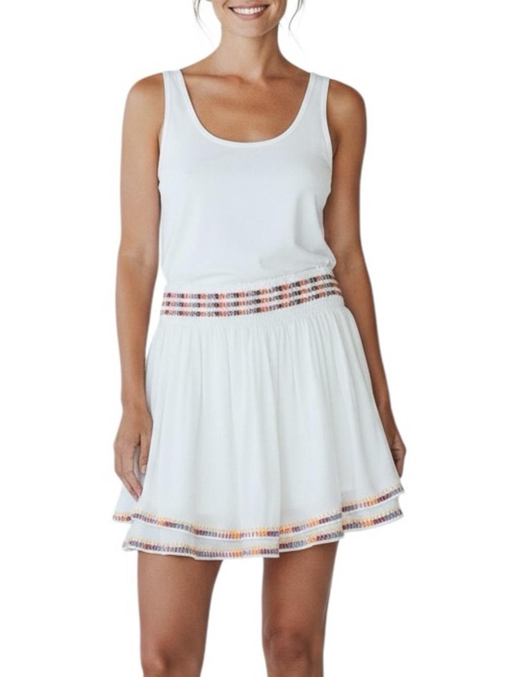 Trina Turk embroidered smocked waist layered a-line skirt L excellent condition
